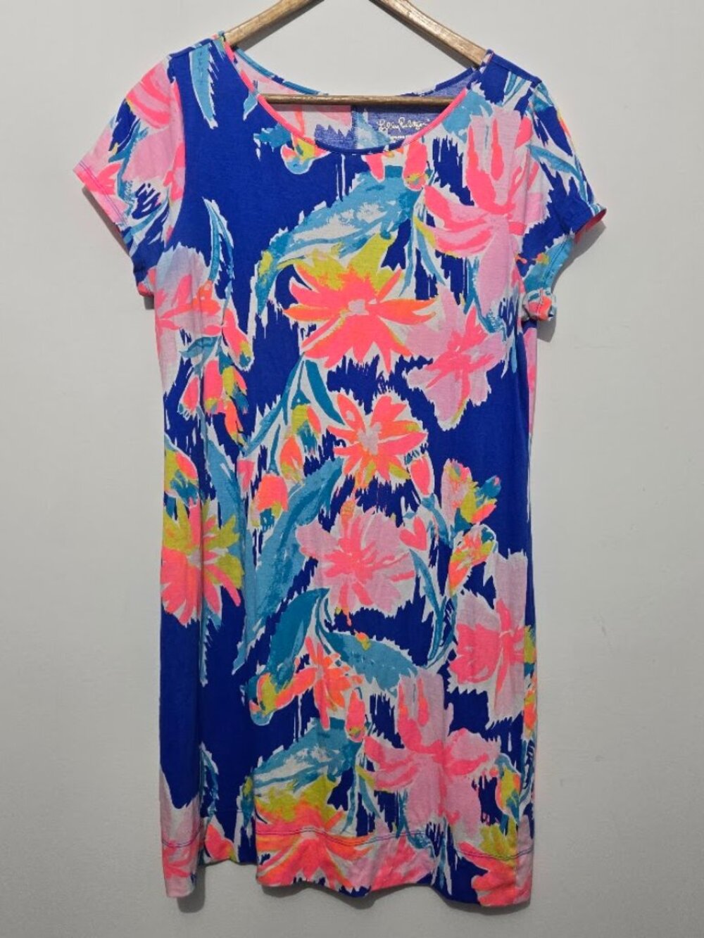 Lilly Pulitzer Blue Currant Lil Olive Marlowe Floral T Shirt Dress Sz L Tropical
